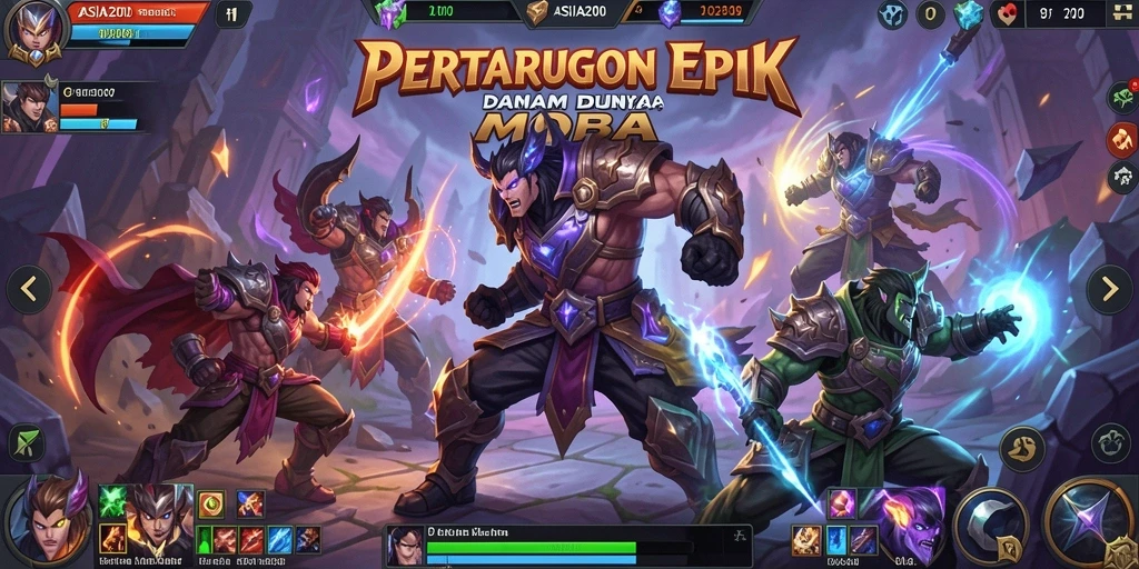 Tampilan screenshot utama ASIA200 yang menampilkan aksi gameplay MOBA.
