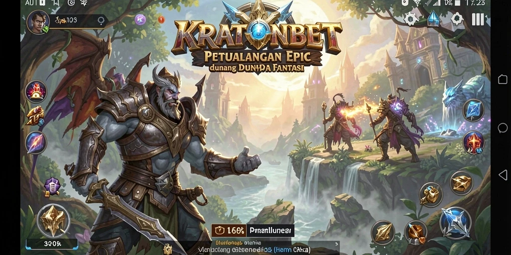 Screenshot KRATONBET menampilkan pertempuran epik di dunia fantasi.