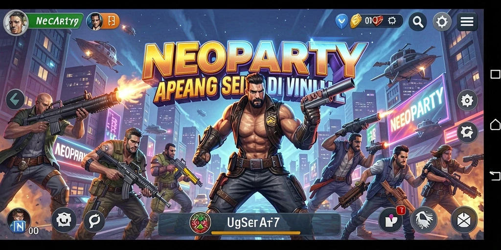 Screenshot gameplay NEOPARTY yang menunjukkan aksi intens di medan perang.