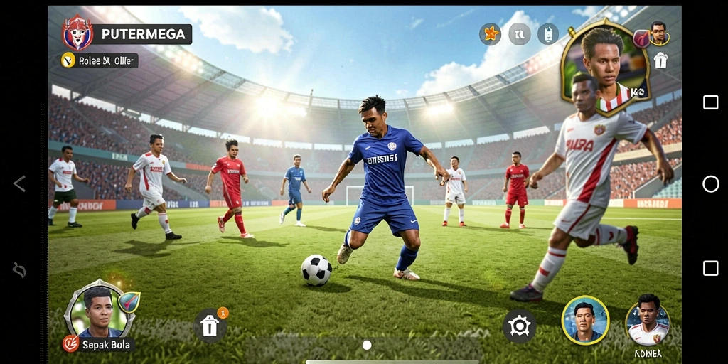 Screenshot yang menampilkan aksi seru pertandingan sepak bola di PUTERMEGA.
