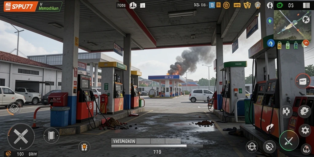 Tangkapan layar gameplay SPBU77 menampilkan suasana mencekam di stasiun bahan bakar.