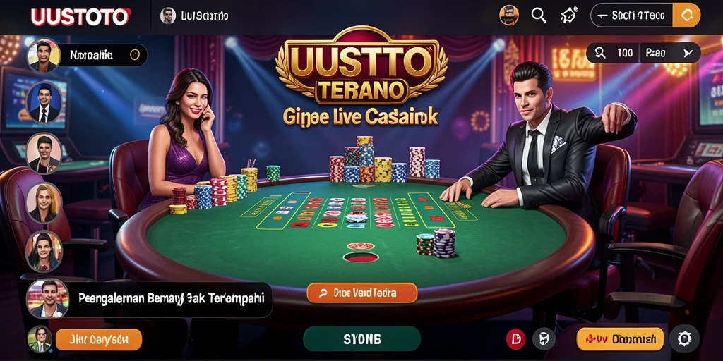 Screenshot utama UUSTOTO menampilkan dealer live yang berinteraksi dengan pemain dalam permainan kasino langsung.